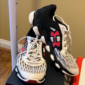 Under Armour Black and White Athletic Shoes with Red Accents